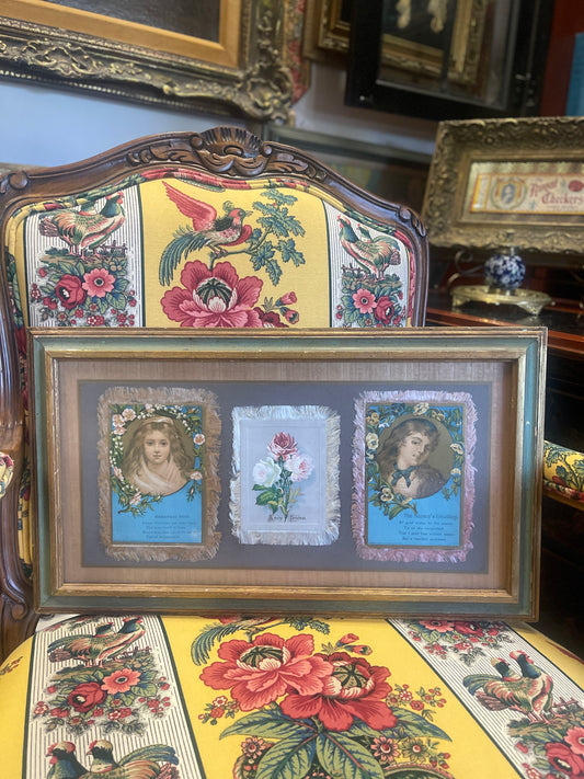 Antique Framed Trio of Victorian Christmas Postcards, Florentine Blue and Gold Gilt Wood Frame