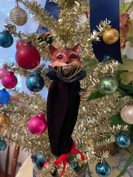 Fox Ornament with Green Collar and Black Velvet Sack Body