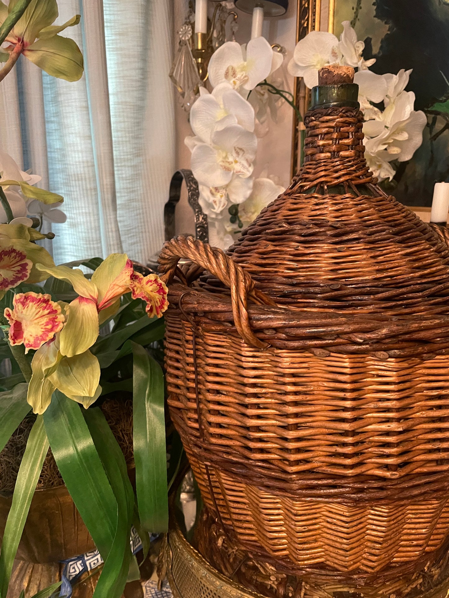 Vintage Demijohn Carboy Wine Jug — Green Glass with Handwoven Wicker Cover & Original Cork