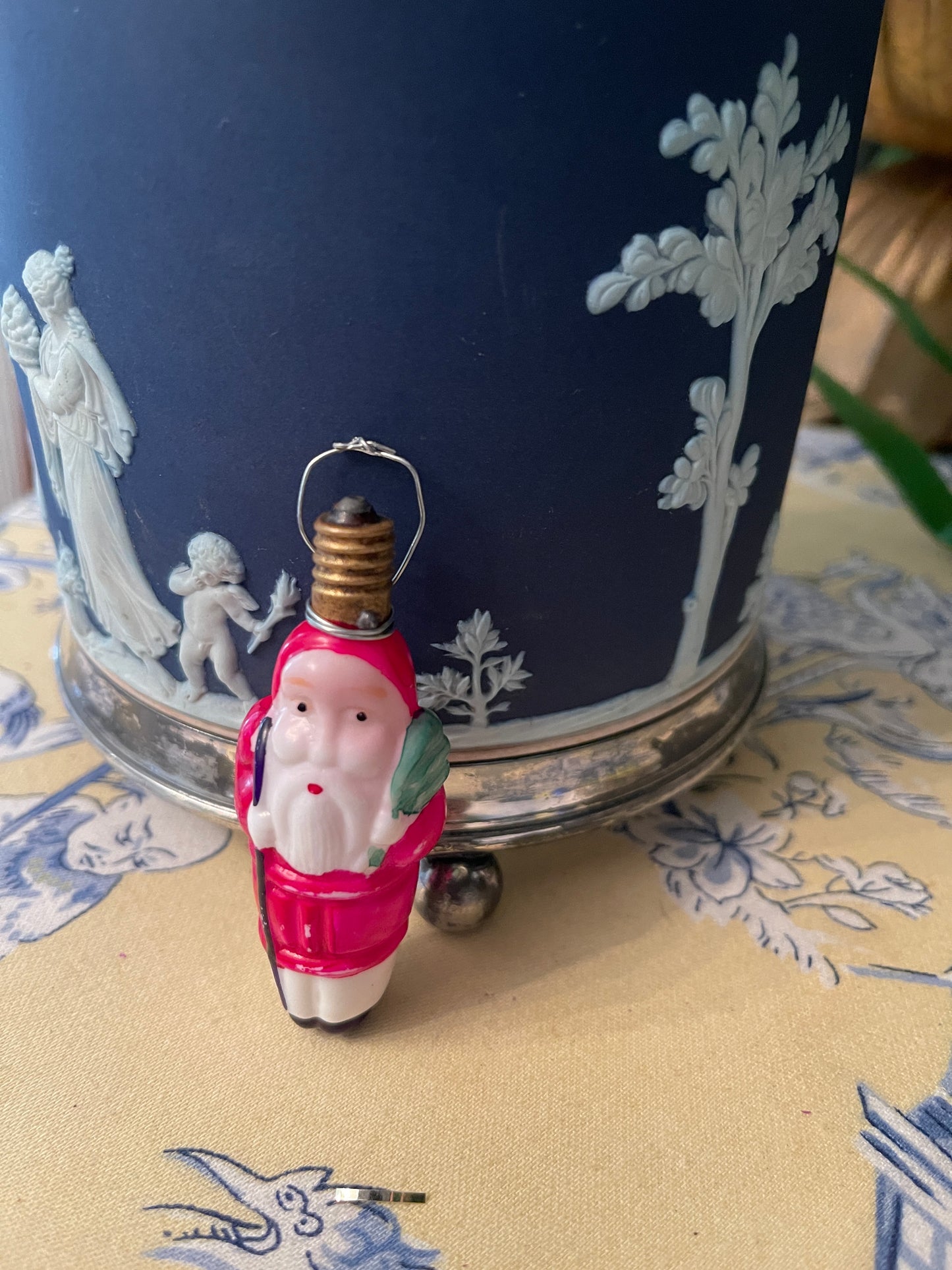 Vintage St Nicholas with Walking Stick and Green Sack Figural Milk Glass Light Bulb, Holiday Estate Decor