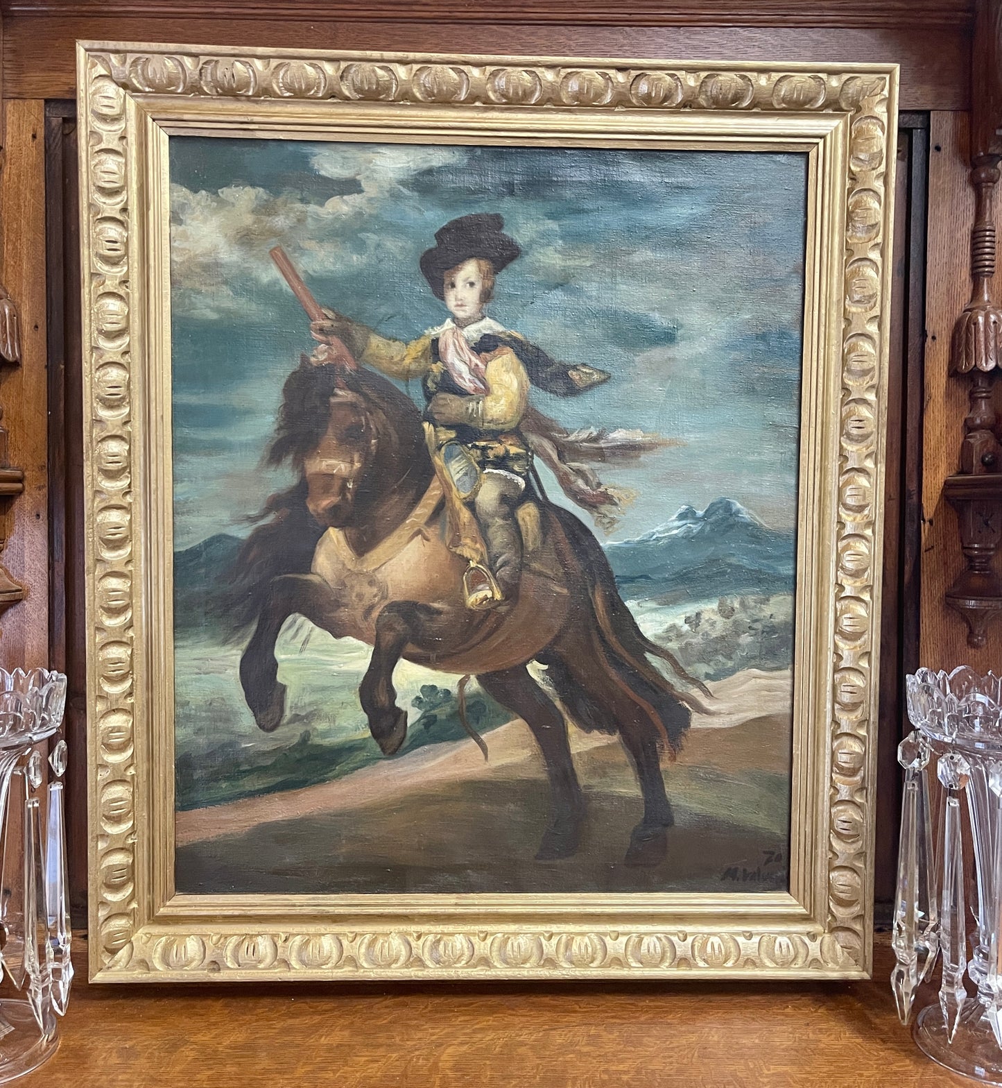 Vintage Prince Balthasar Carlos on Horseback Painting, Oil on Canvas, After Diego Velazquez, Equestrian Art