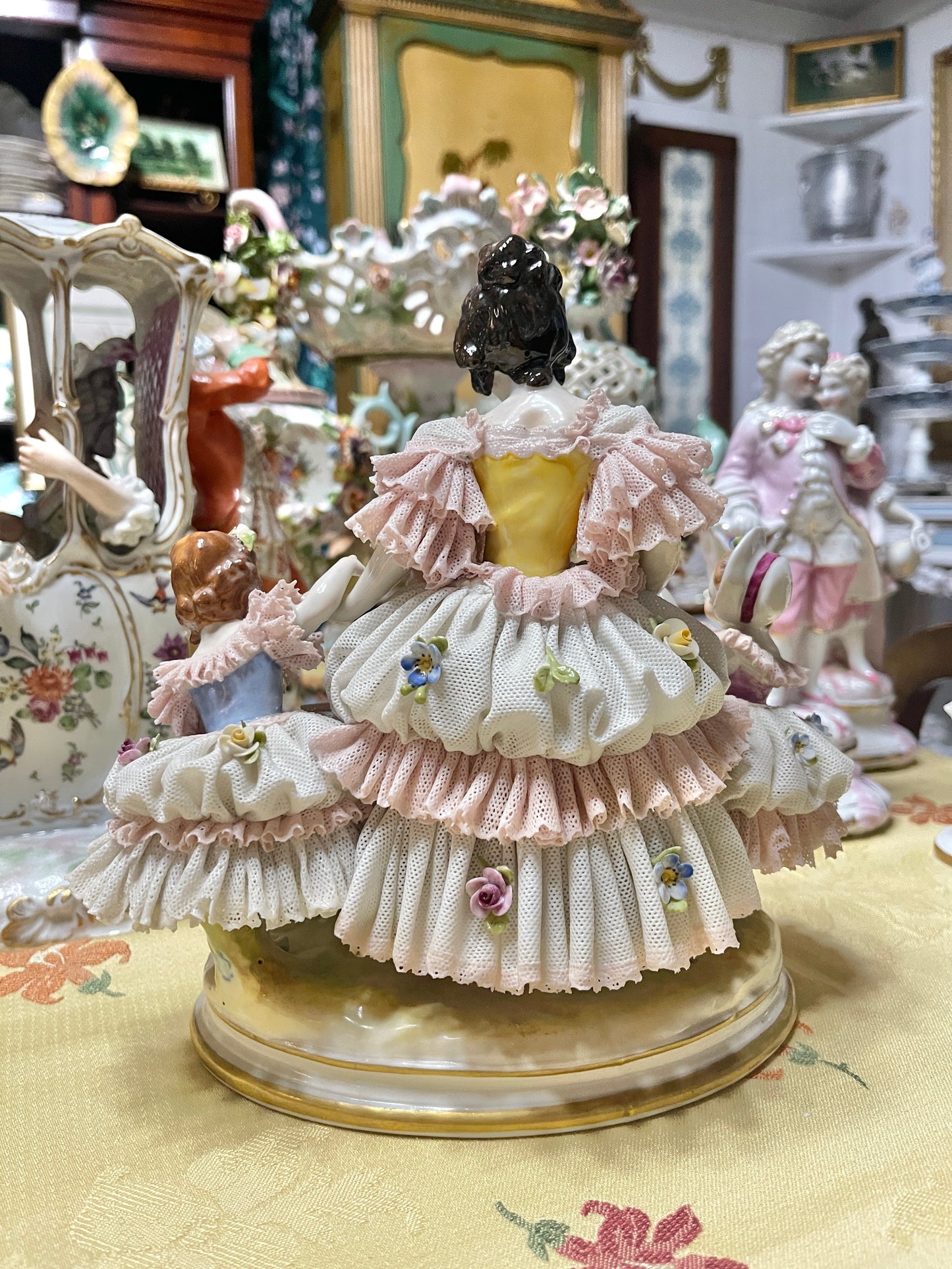 Antique Dresden Lace Porcelain Figurine Group | Mother & Daughters with Frolicking Goat | Pink & White Rococo Dress Scene