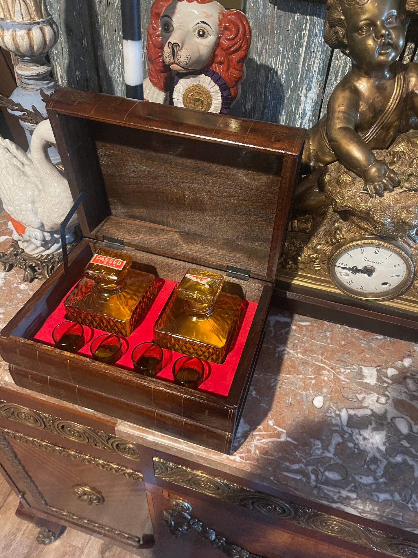 Vintage Japanese Wood “Book Stack” Box with Amber Glass Inset — Mid-Century Bar Set, Made in Japan
