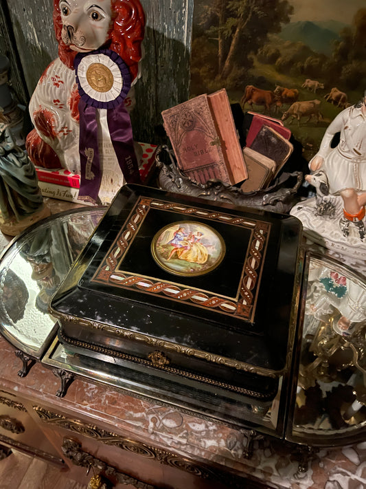 19th Century French Napoleon III Ebonized Mother-of-Pearl Inlaid Box with Hand-Painted Porcelain Plaque – Round Top Find