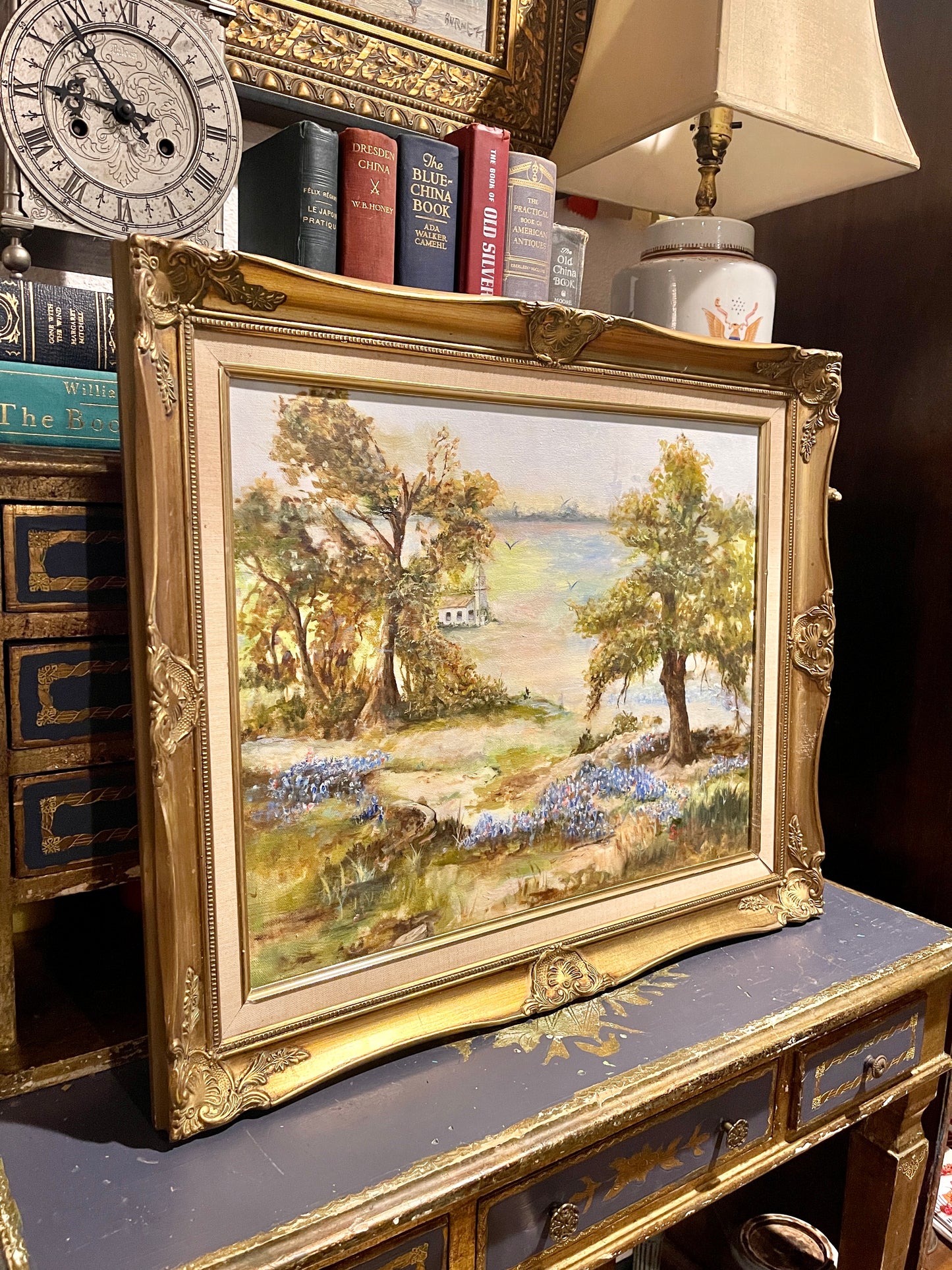 White Country Church in a field of Bluebonnets, Vintage Painting, Gold Frame