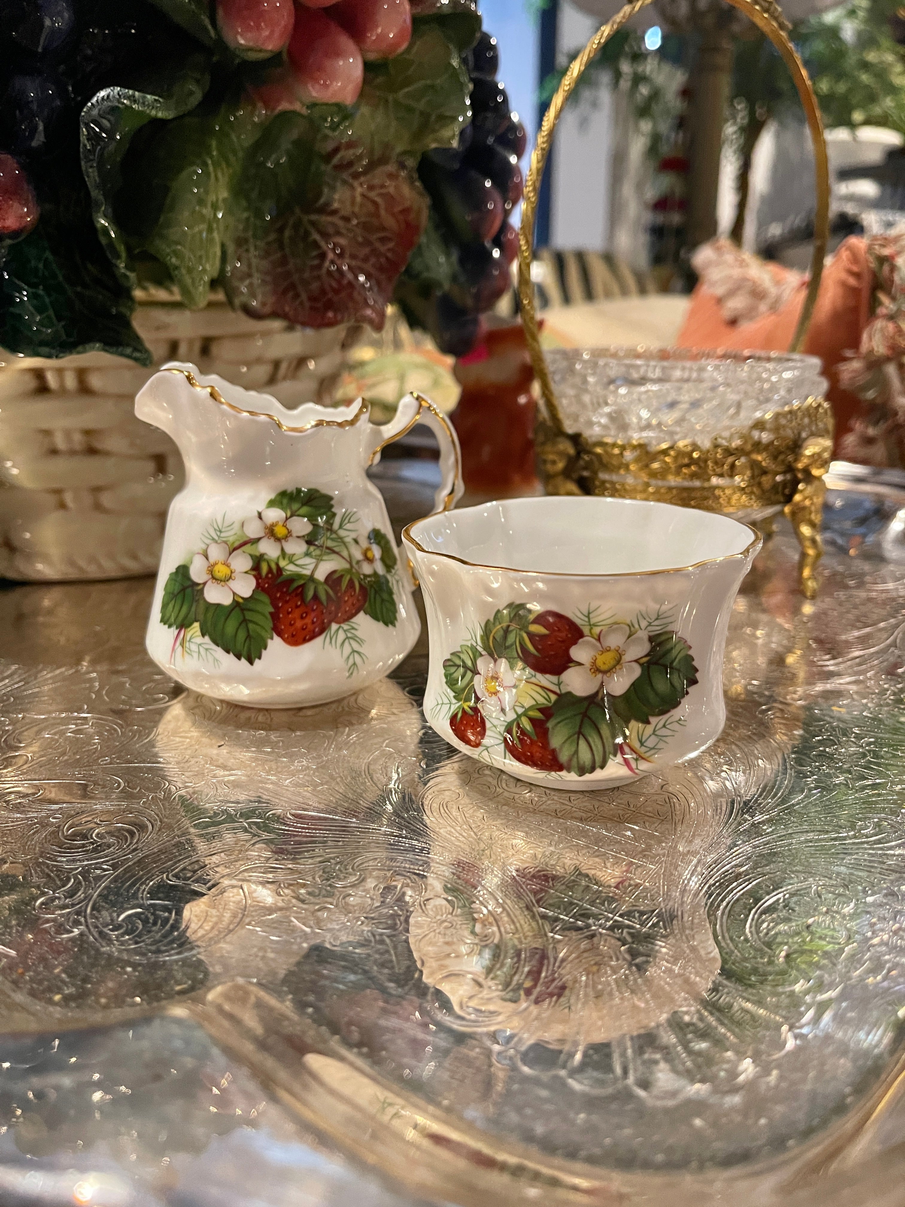 Hammersley Strawberry Bone buy China Breakfast Basket Set Creamer Sugar Bowl England