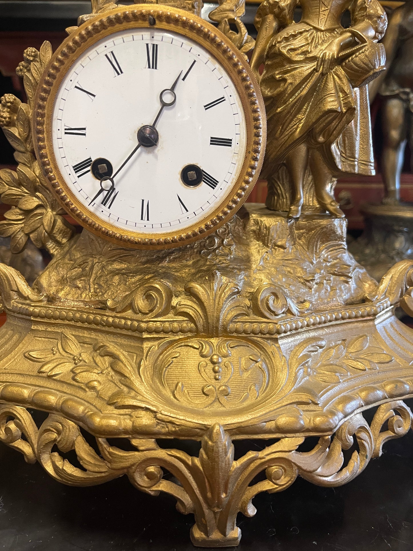 French Gilt Spelter Mantle Clock, 19th Century PH Mourey Figural Clock