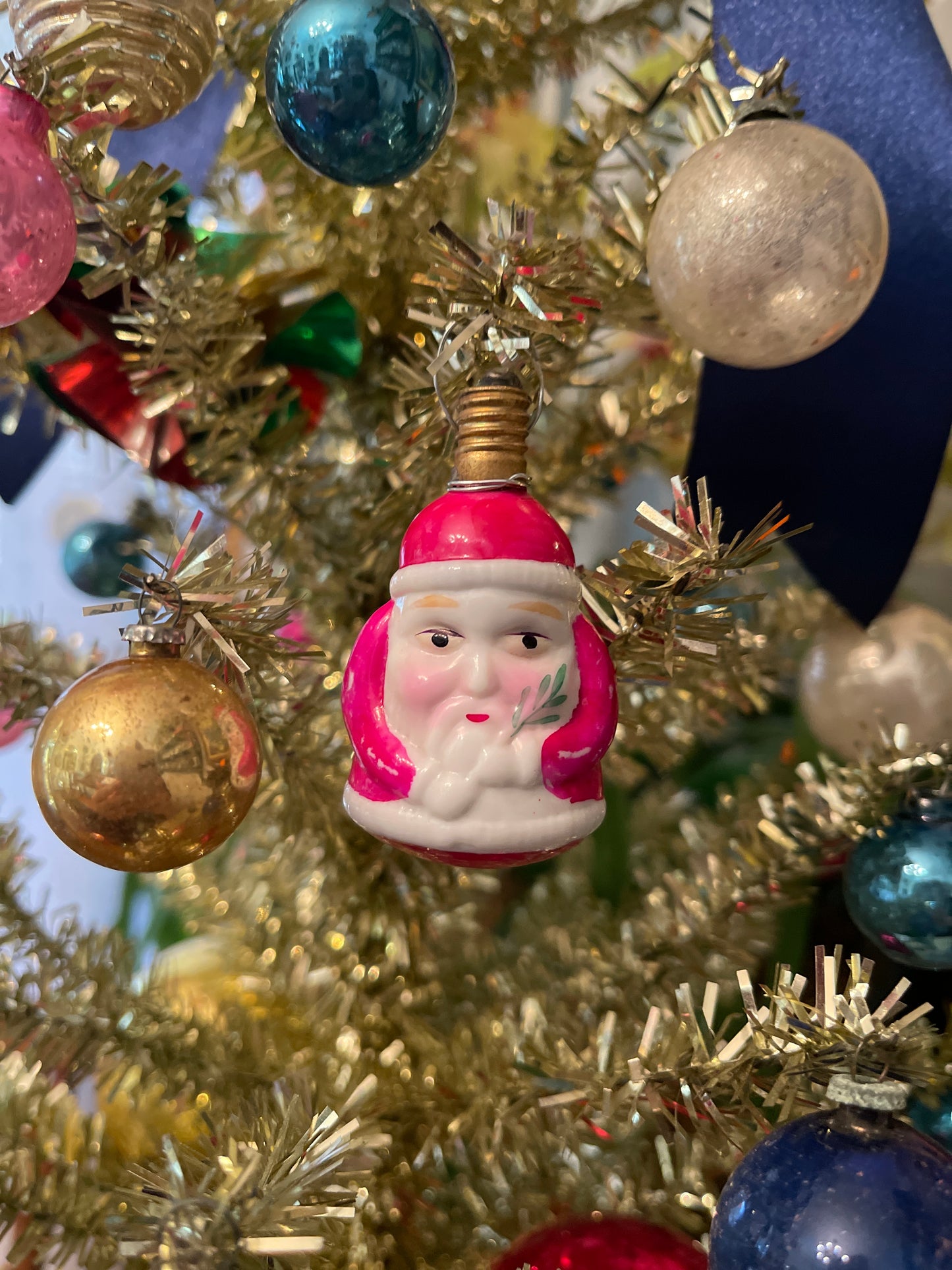 Pink Santa Milk Glass Figural Bulb, Vintage Holiday Estate Decor