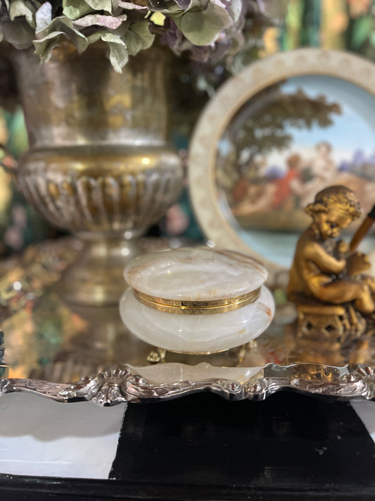 Vintage Empire Italian Round Onyx Casket Box with Gold Lion Paw Feet, 1950s