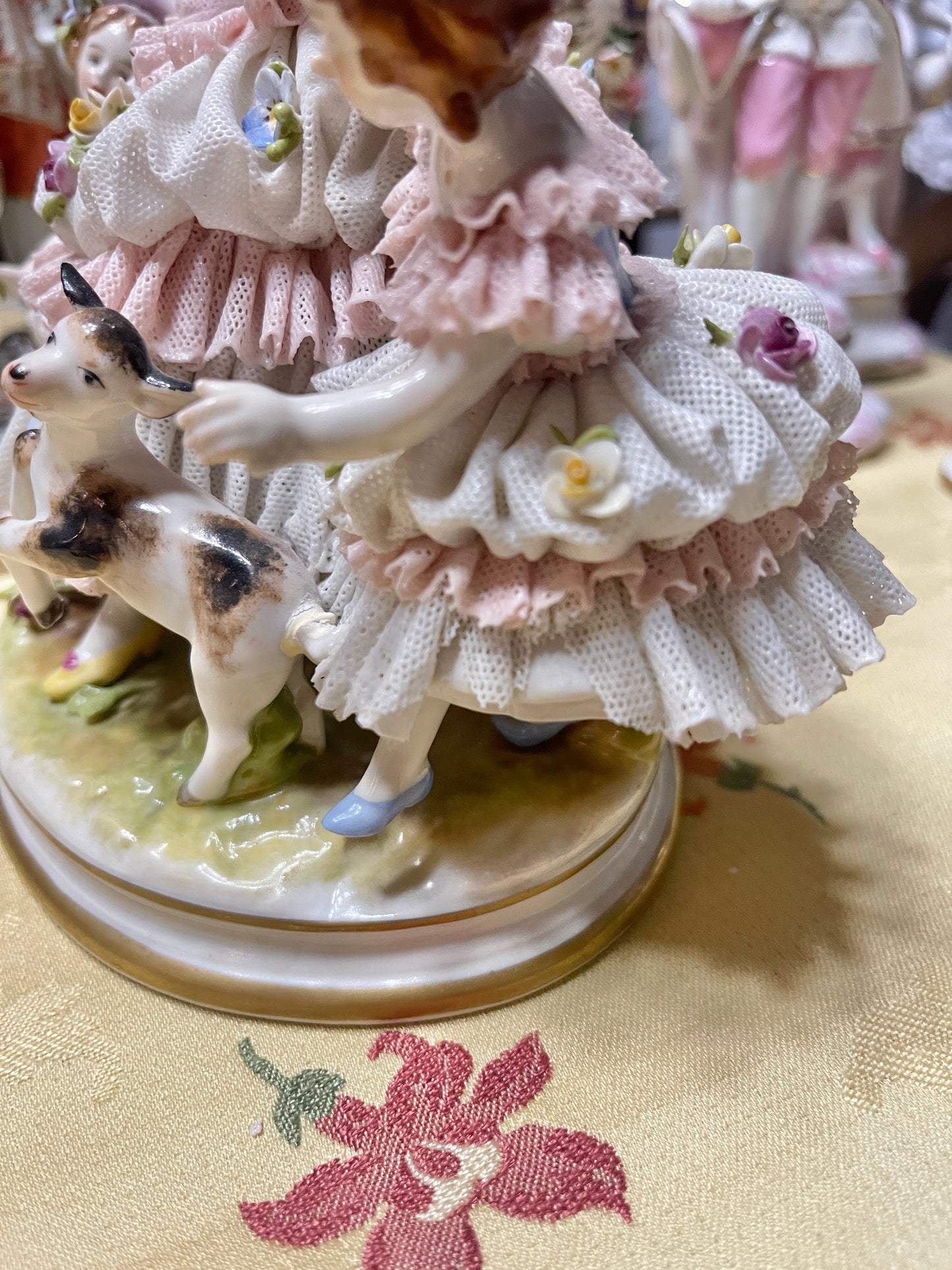 Antique Dresden Lace Porcelain Figurine Group | Mother & Daughters with Frolicking Goat | Pink & White Rococo Dress Scene
