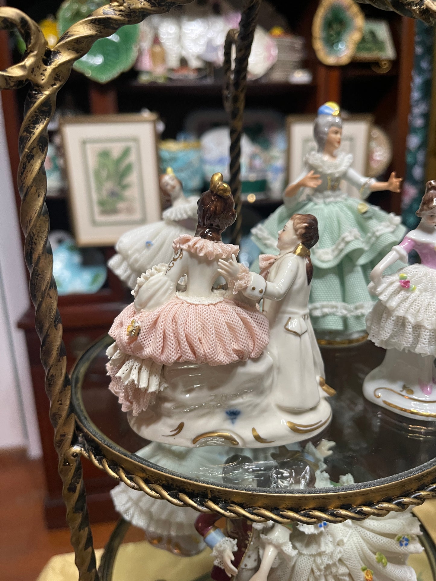 Vintage German Porcelain Dresden-Style Courting Couple in Pink and White | Lace Detail |