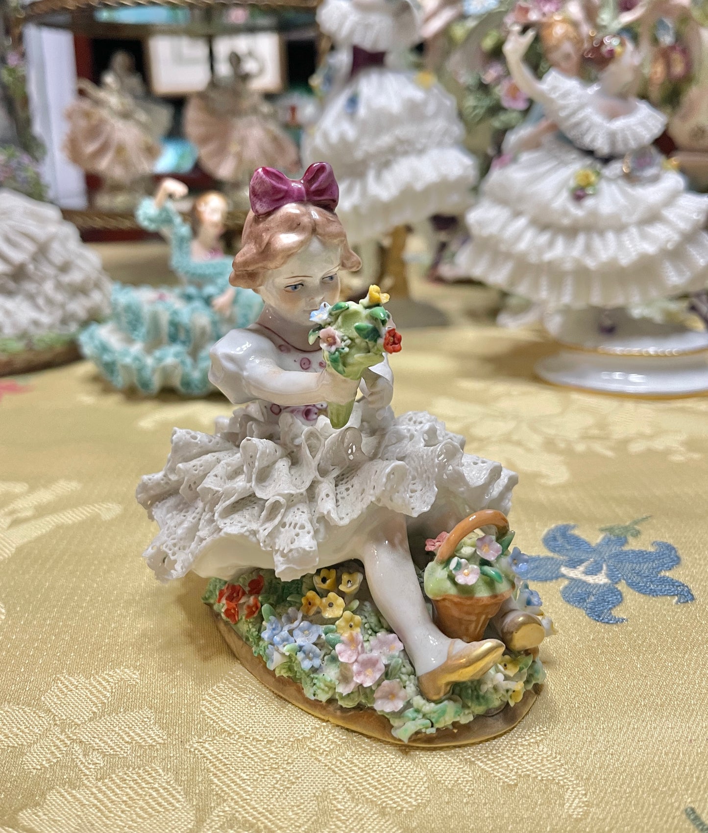 Vintage German Porcelain Dresden-Style Lace Girl Figurine with Bouquet of Flowers | Marked Germany