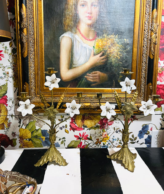 Pair of Antique French Brass Altar Candelabras with Milk Glass Lilies & Wheat Sheaves – Ecclesiastical Candle Holders