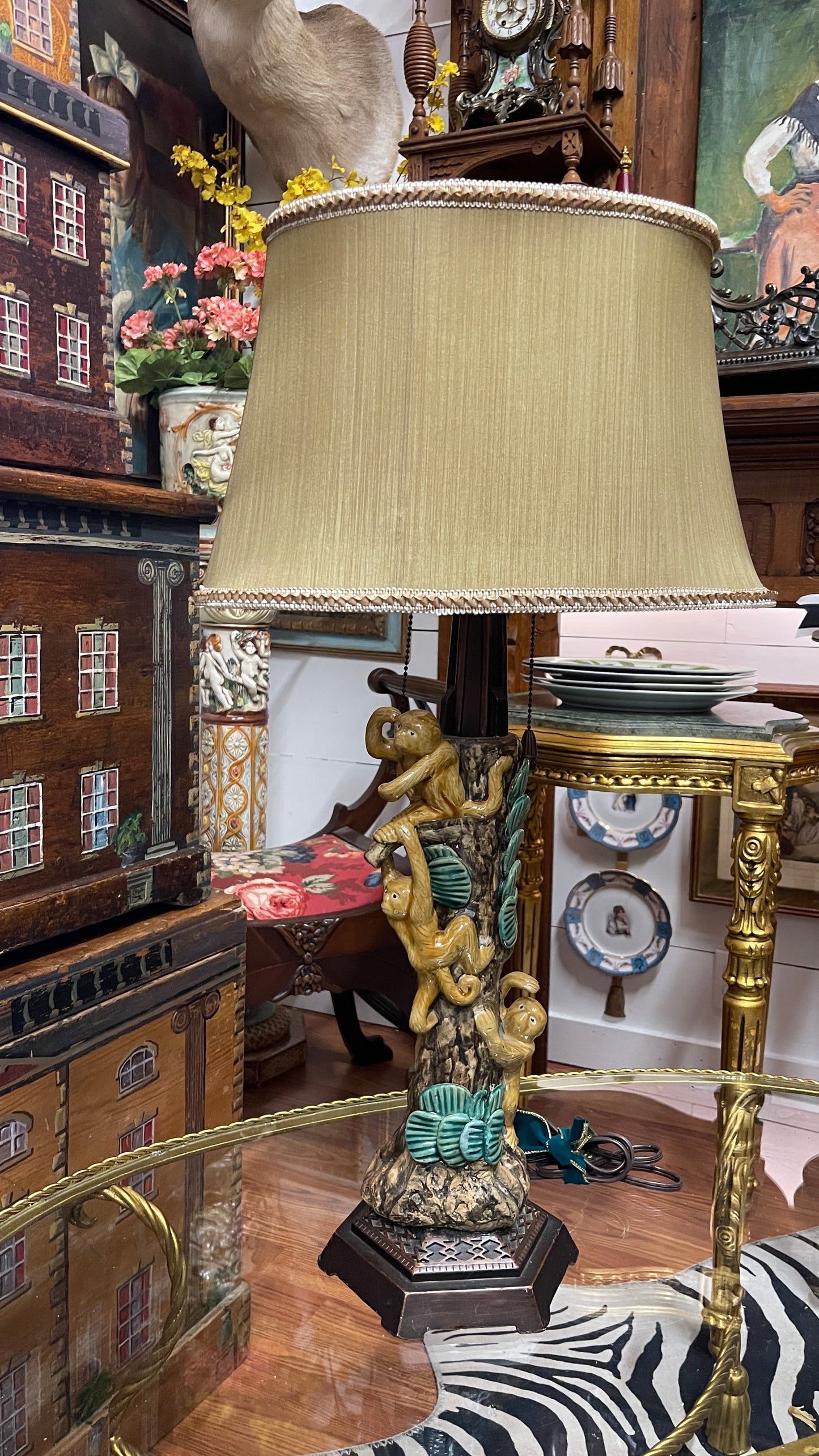 Vintage Majolica-Style Three Climbing Monkeys Lamp |