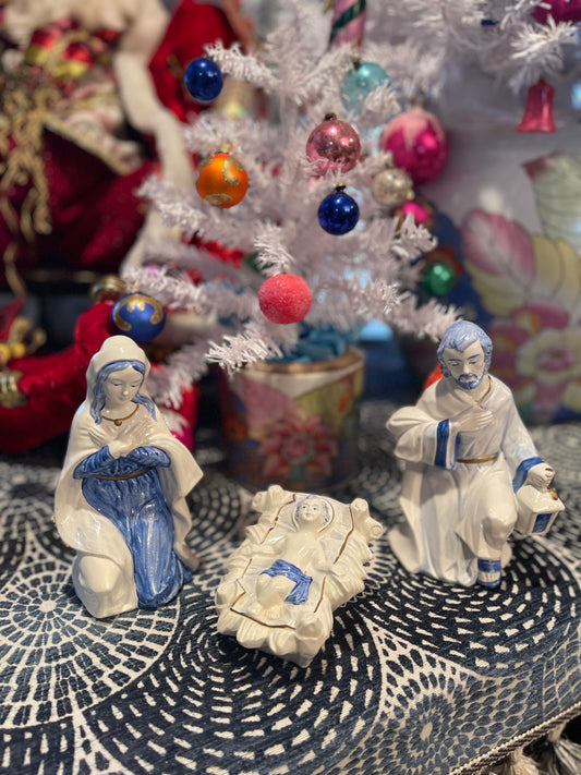 Vintage Paper Mache Holy Family, Blue and White with Gold Accents, Made in Japan