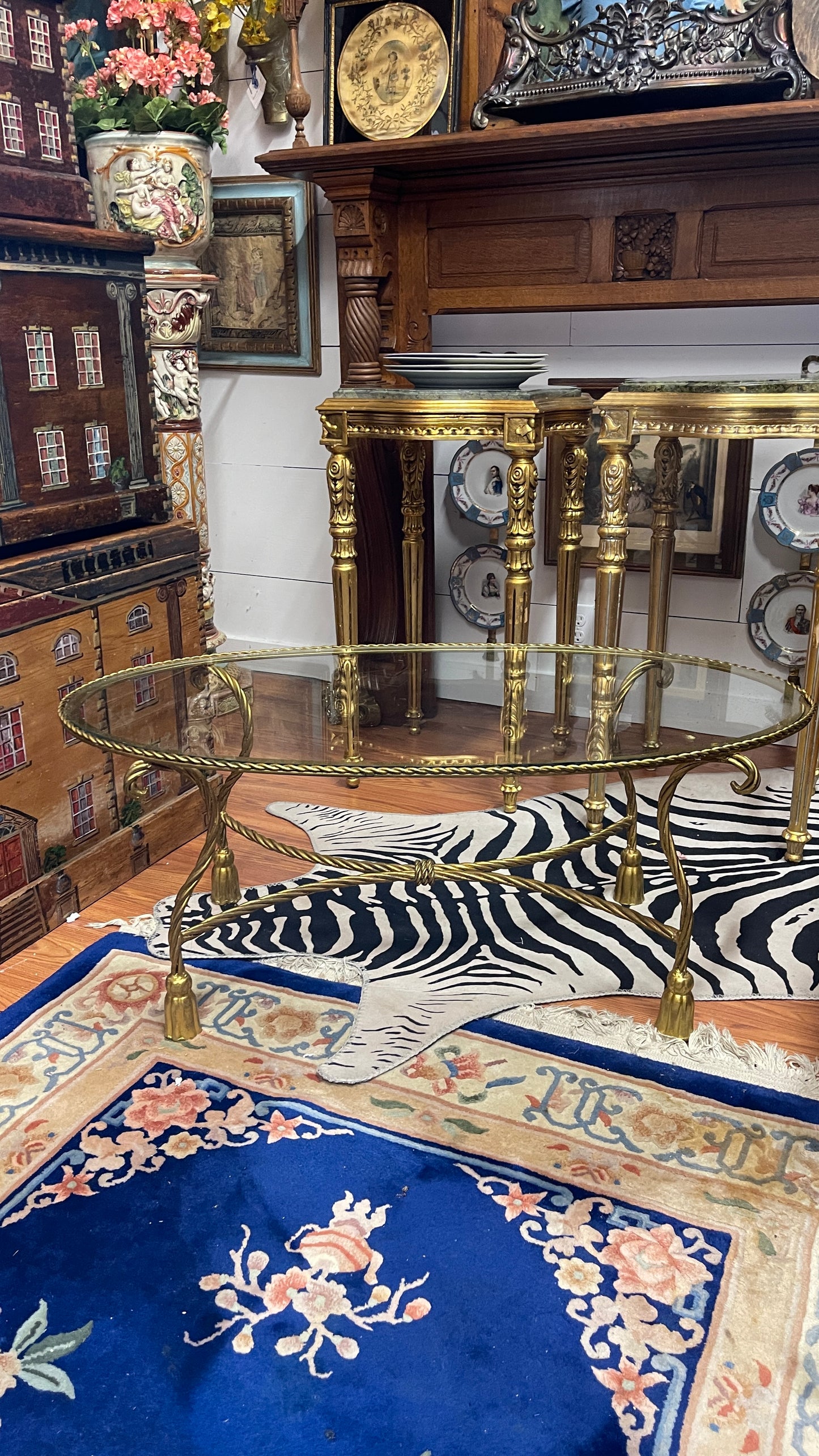 Vintage Italian Hollywood Regency Gilt Rope & Tassel Oval Coffee Table with Original Glass, Round Top Find