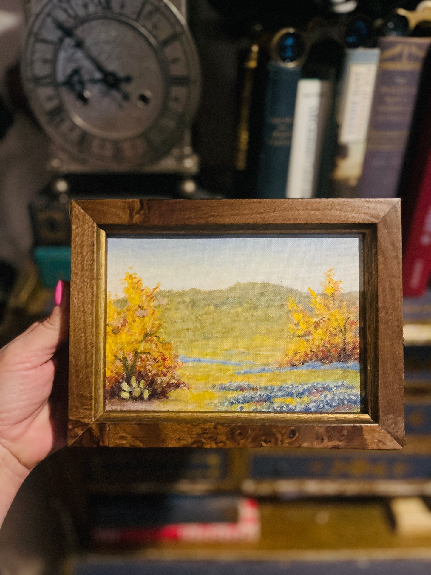 Petit Texas Hill Country Bluebonnet Landscape Painting, Italian Solid Wood Frame
