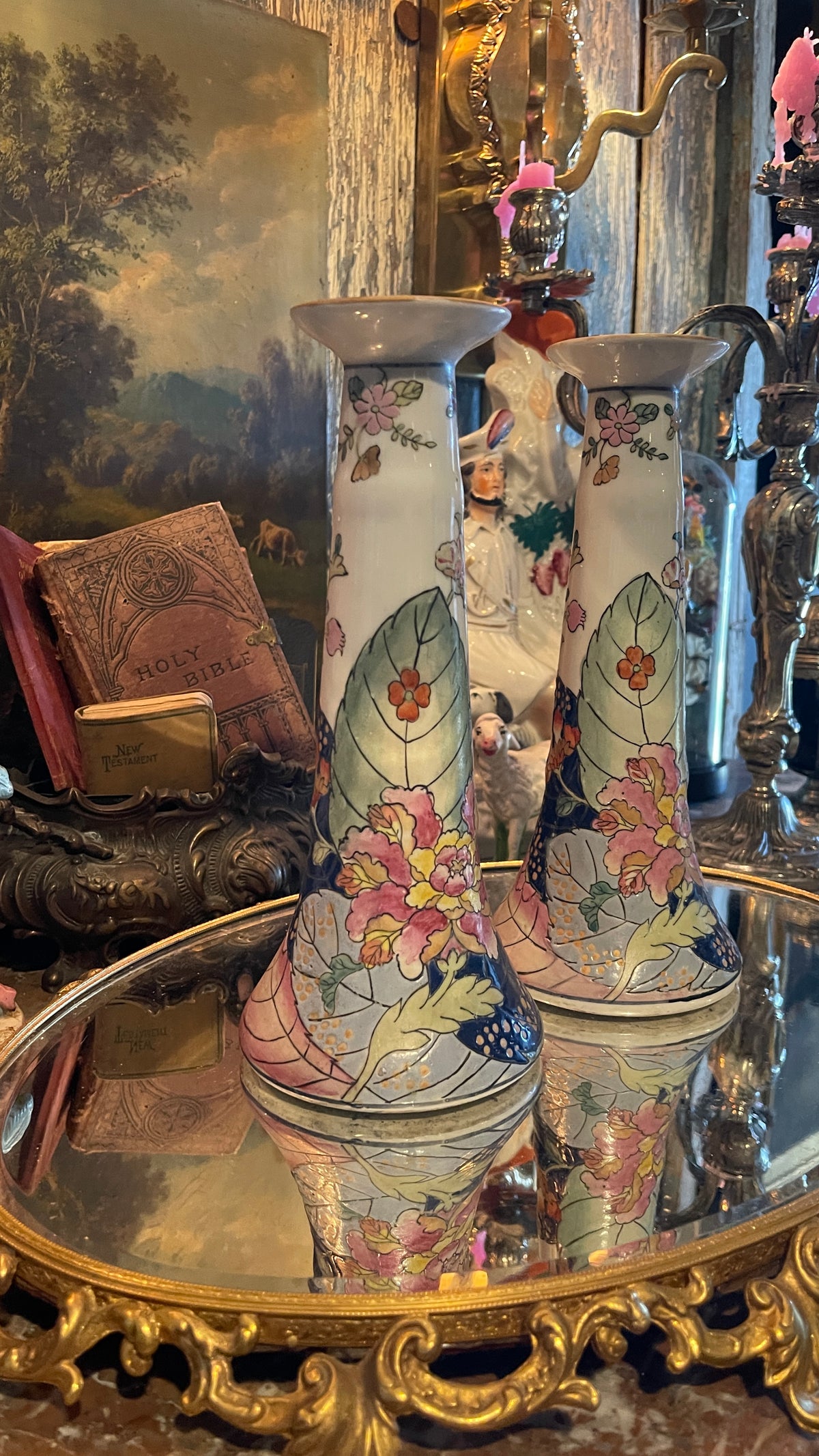 Vintage Tobacco Leaf Candlesticks, Pair | Chinoiserie Candleholders | 9.75” Tall