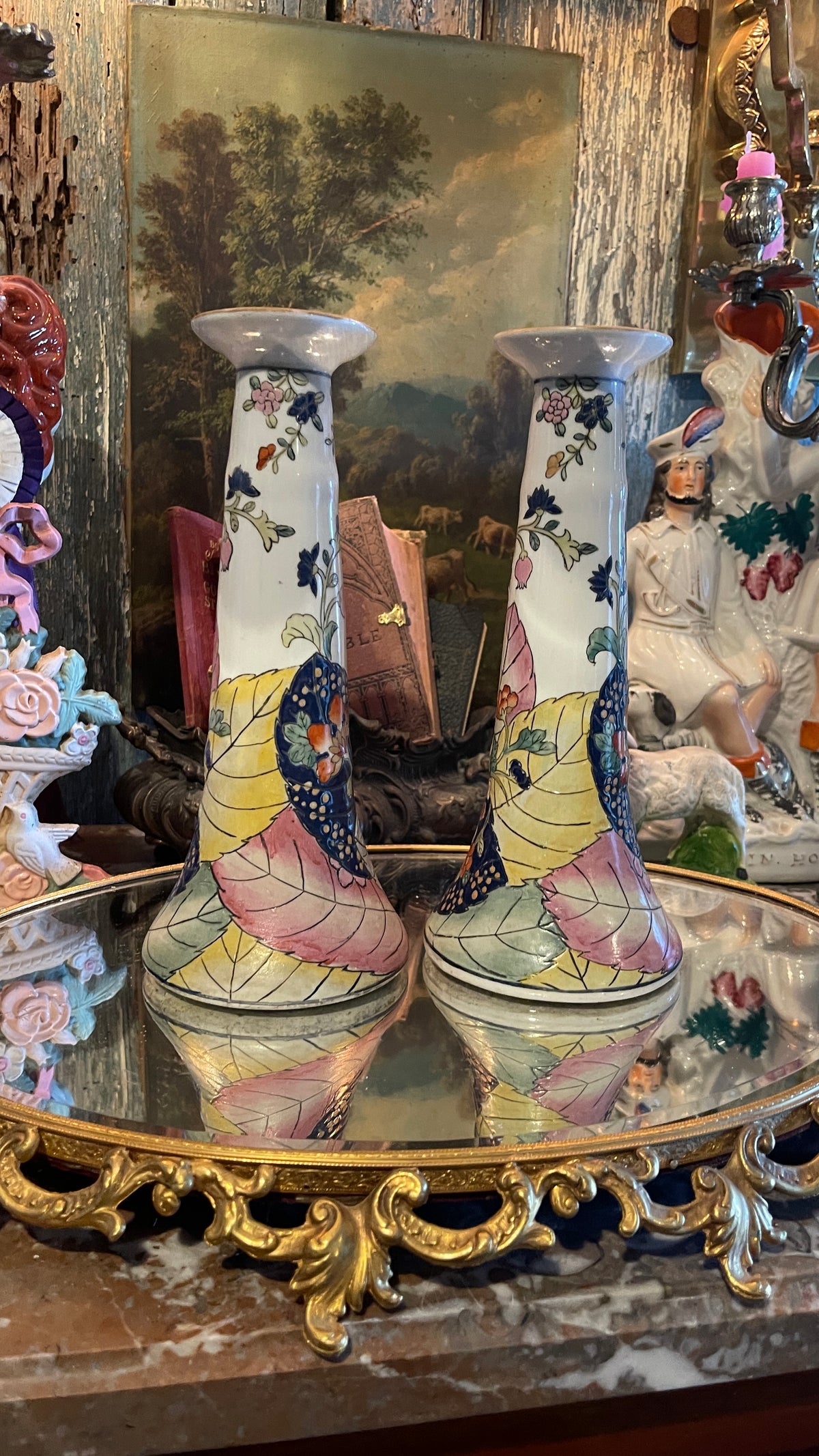 Vintage Tobacco Leaf Candlesticks, Pair | Chinoiserie Candleholders | 9.75” Tall