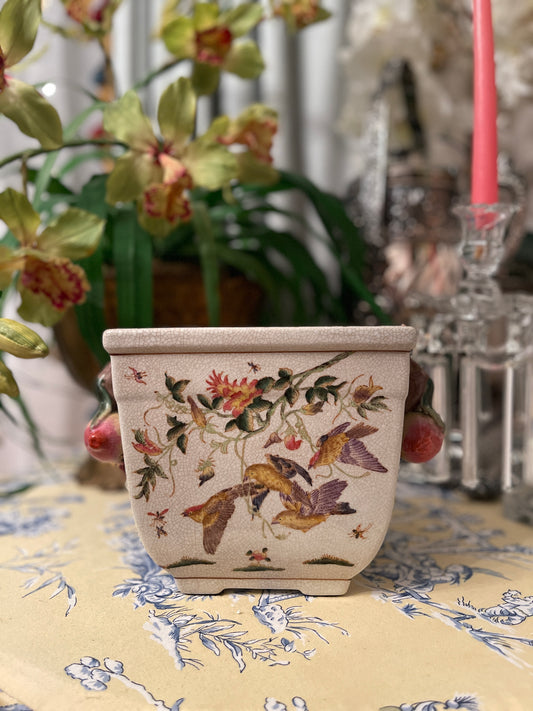 Vintage Chinoiserie Bird Footed Cachepot Planter with Applied Fruit Handles