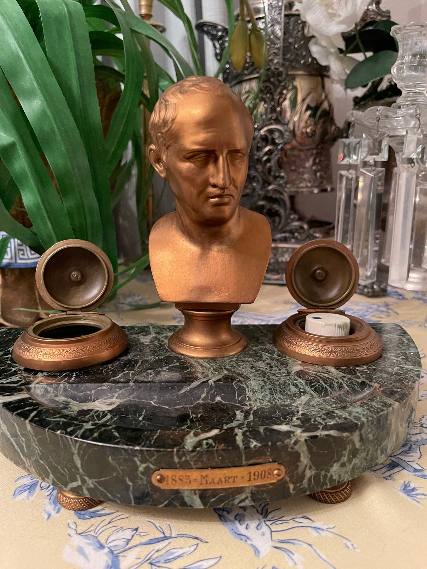 Antique Bronze and Marble Ink Well with Emporer Napoleon Bonaparte Bust, FANTASTIC!