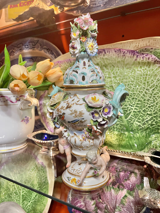 Antique Meissen Potpourri Urn with Cherubs | Bird Scene Porcelain | Floral Encrusted | 11.5”