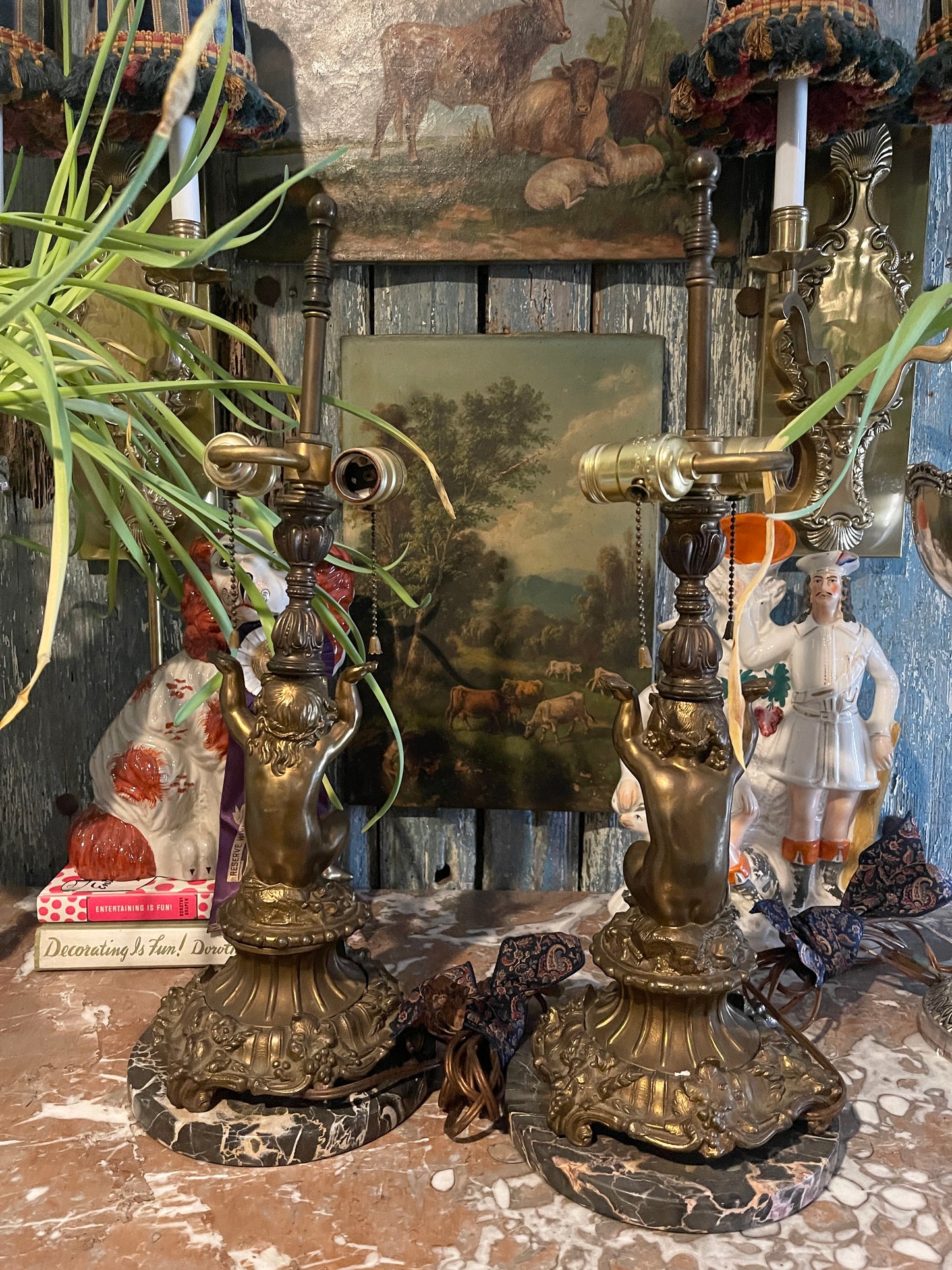 Pair of Neoclassical Brass Ormolu & Marble Table Lamps with Putti Figural Details