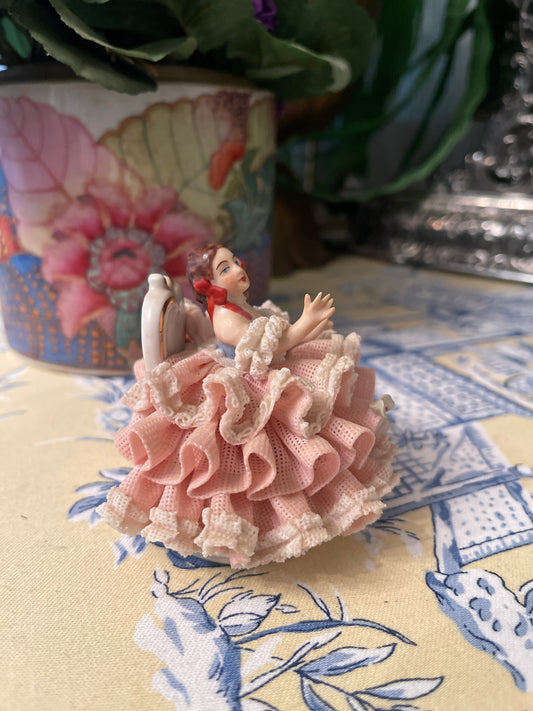 Dresden Figurine Dressed in Pink and White, Vintage Shelf Decor