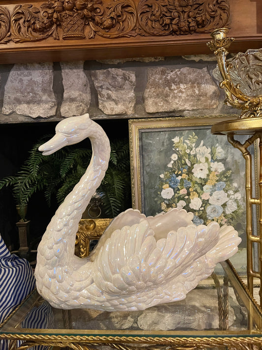 Large Ceramic Swan Planter, Iridescent Finish, Vintage