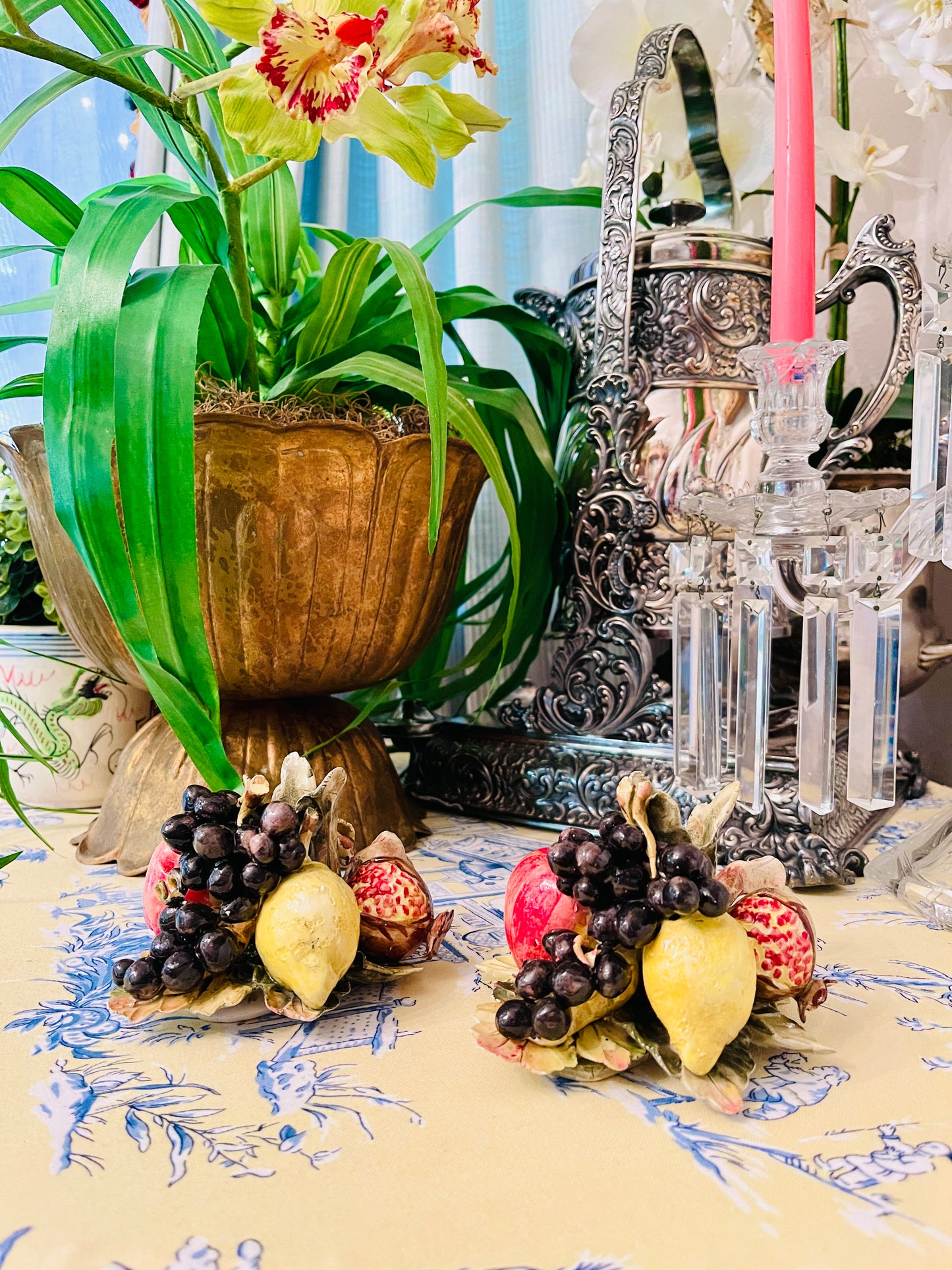 Vintage Italian Lemon, Pomegranate, and Grape Porcelain Candleholder Pair, Hand painted Estate Decor, Capodimonte