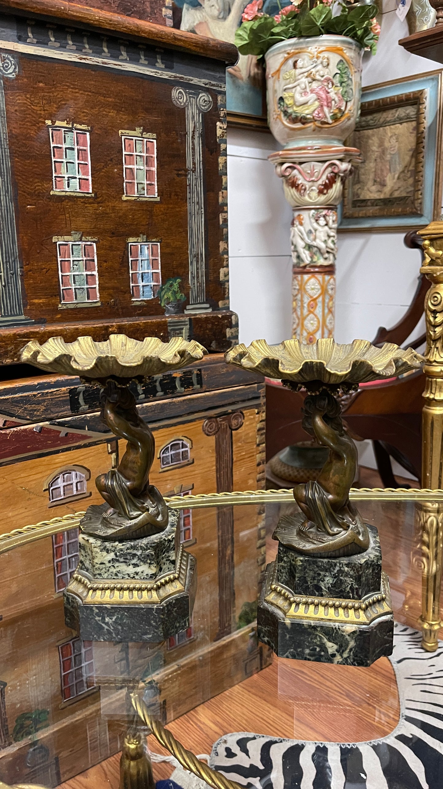 Antique Bronze & Marble Putti Tazzas — Pair, Estate Sourced Heirloom Decor