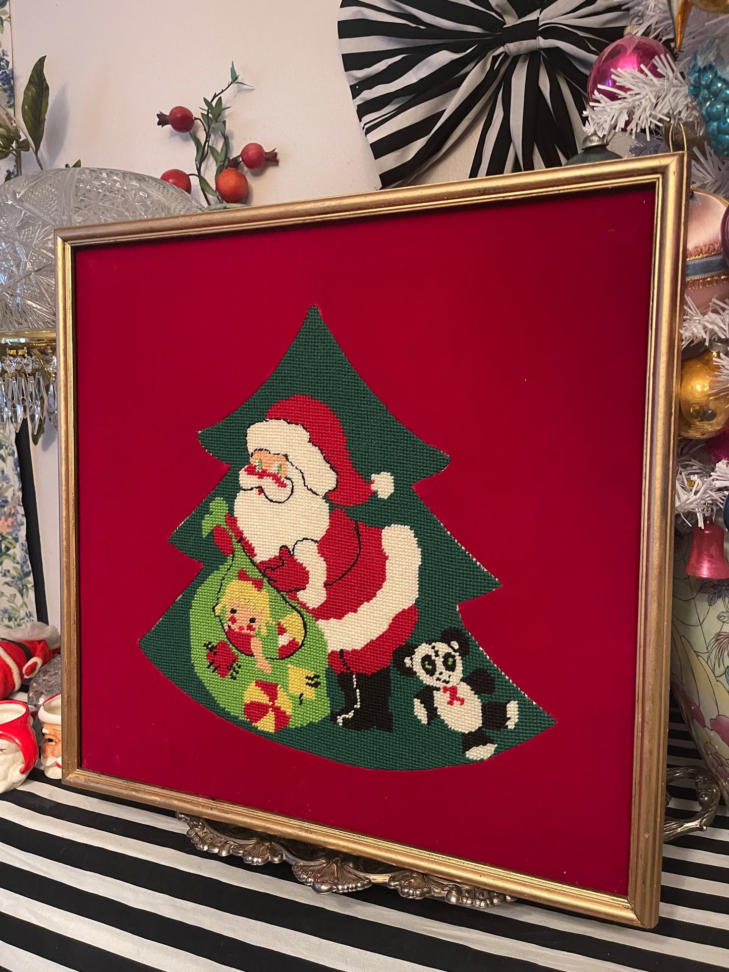 Santa with Toys and Christmas Tree Needlepoint on Velvet, Framed