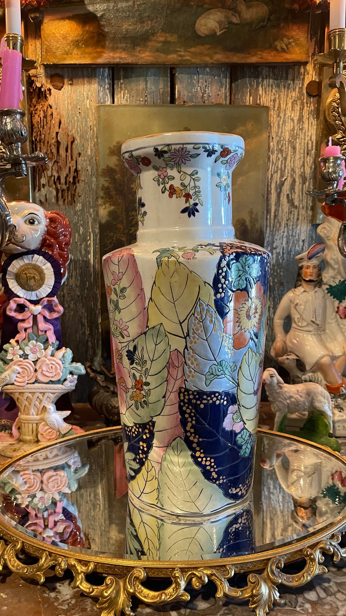 Vintage Tobacco Leaf Vase | Tall Chinoiserie Floral Vase | 14.25” Tall