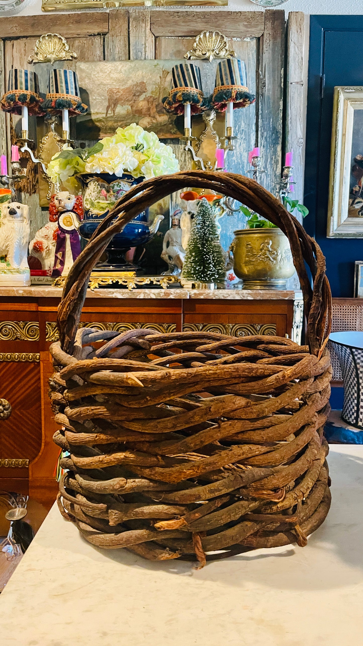 Large Vintage Hand-Woven Grapevine Gathering Basket | French Country Style