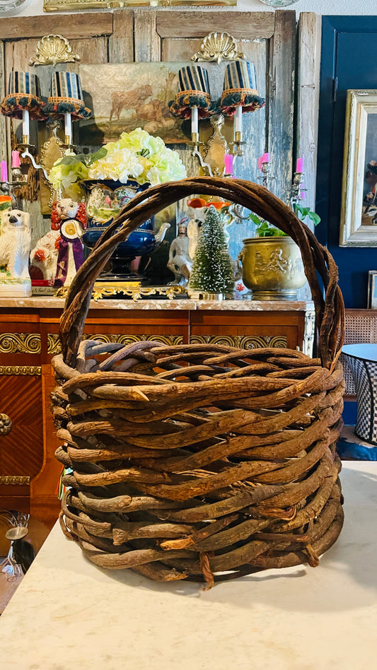 Large Vintage Hand-Woven Grapevine Gathering Basket | French Country Style