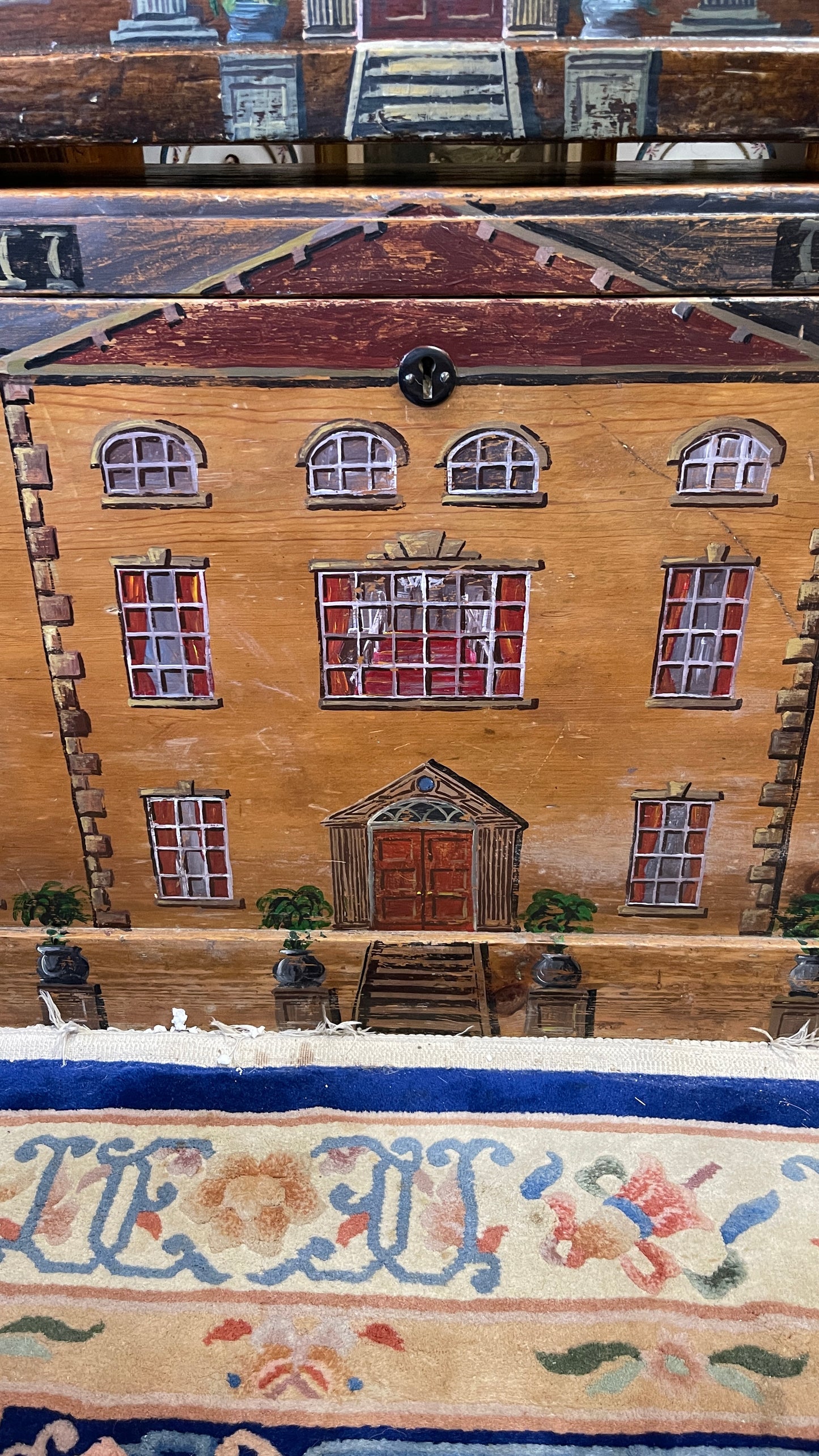 19th Century English Paint-Decorated Blanket Chest, Georgian Manor House Façade, Six Plants in Urns on Columns,  | Estate-Sourced English Folk Art