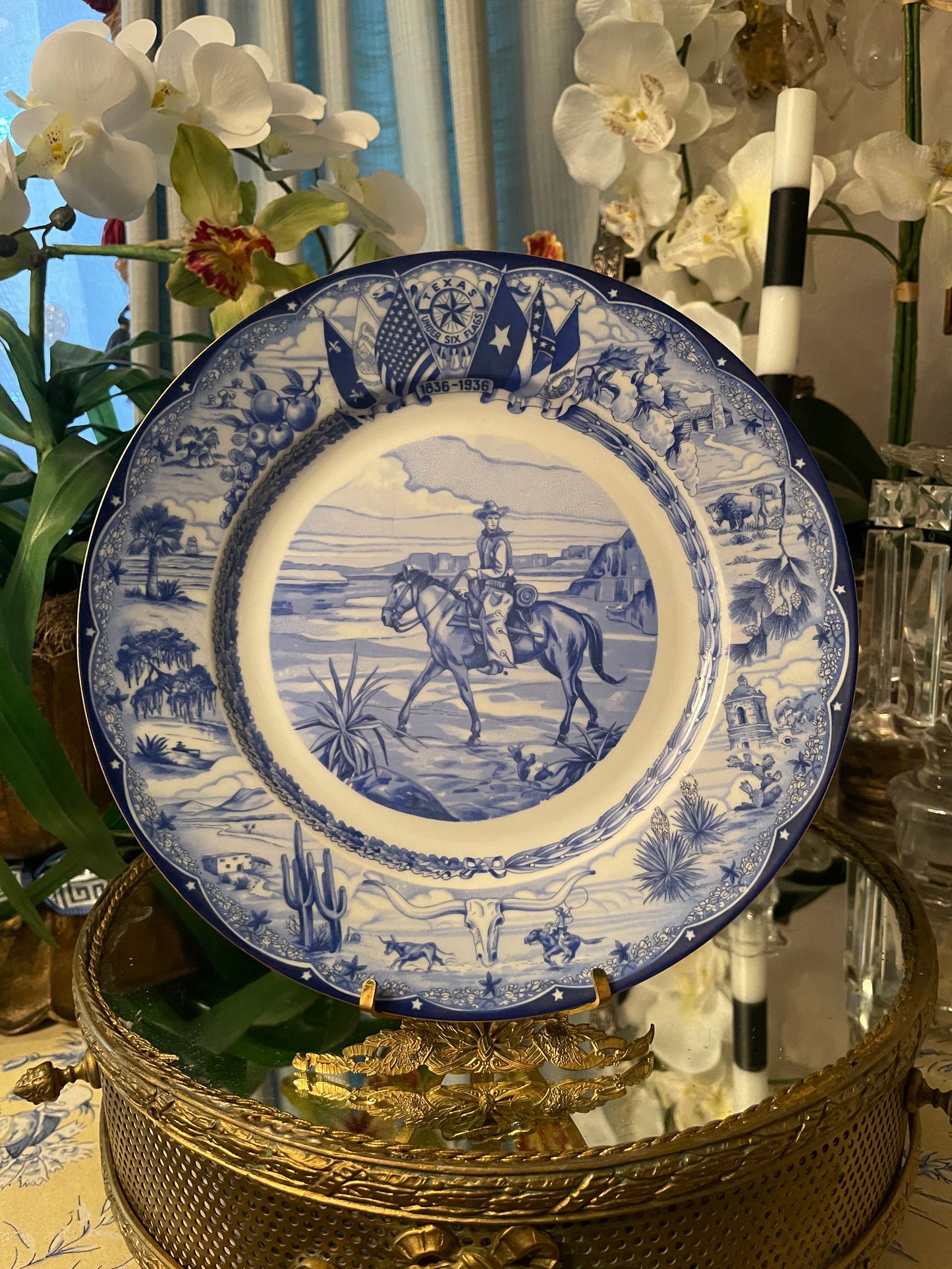 Rare Complete Set of Twelve (12) 1936 Texas Centennial Blue & White Porcelain Plates by Moritz Zdekauer – Museum-Quality Collection