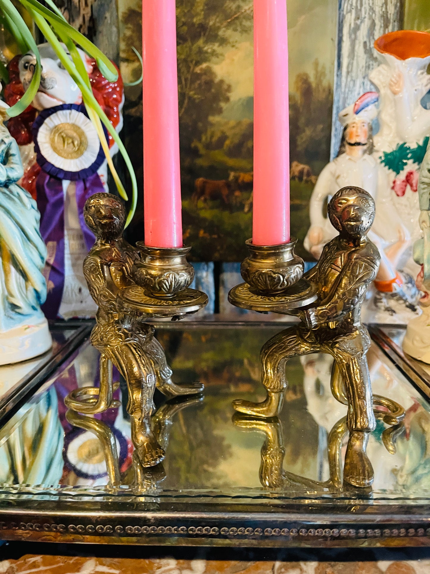 Pair of Vintage Brass Monkey Butler Candlesticks | Figural Brass Candle Holders