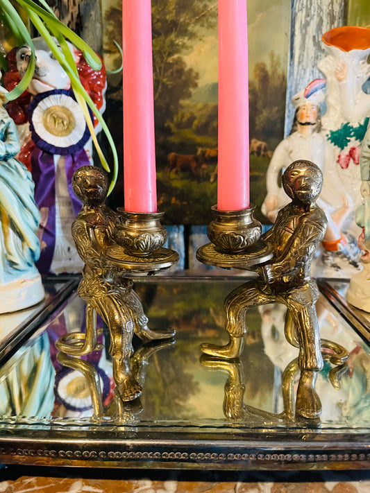 Pair of Vintage Brass Monkey Butler Candlesticks | Figural Brass Candle Holders