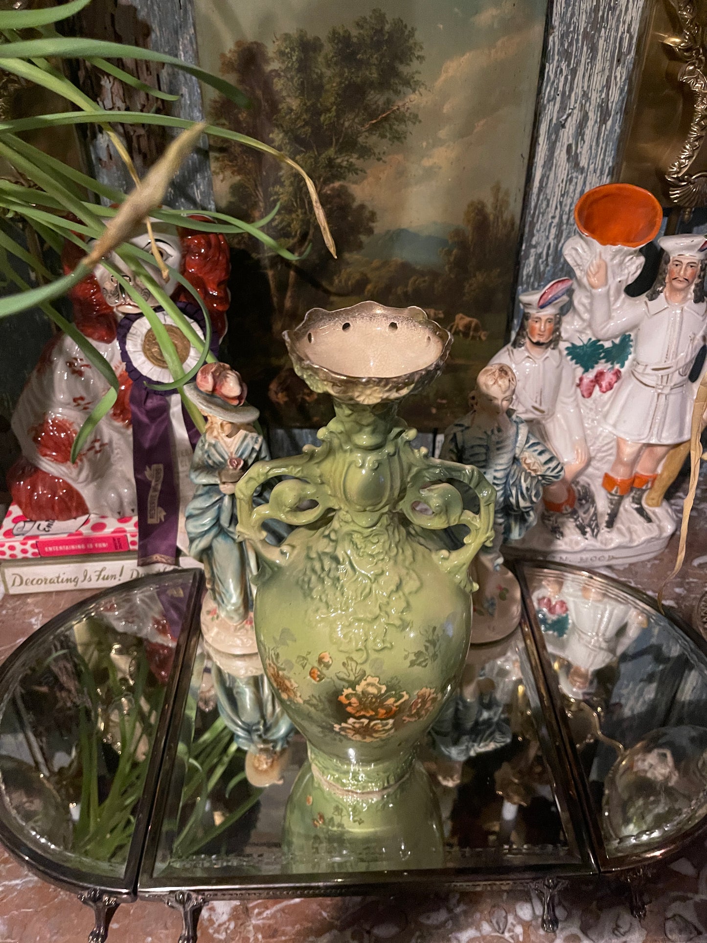 Antique Art Nouveau Green Floral Vase with Sculptural Handles | European Pottery, c. 1895–1915