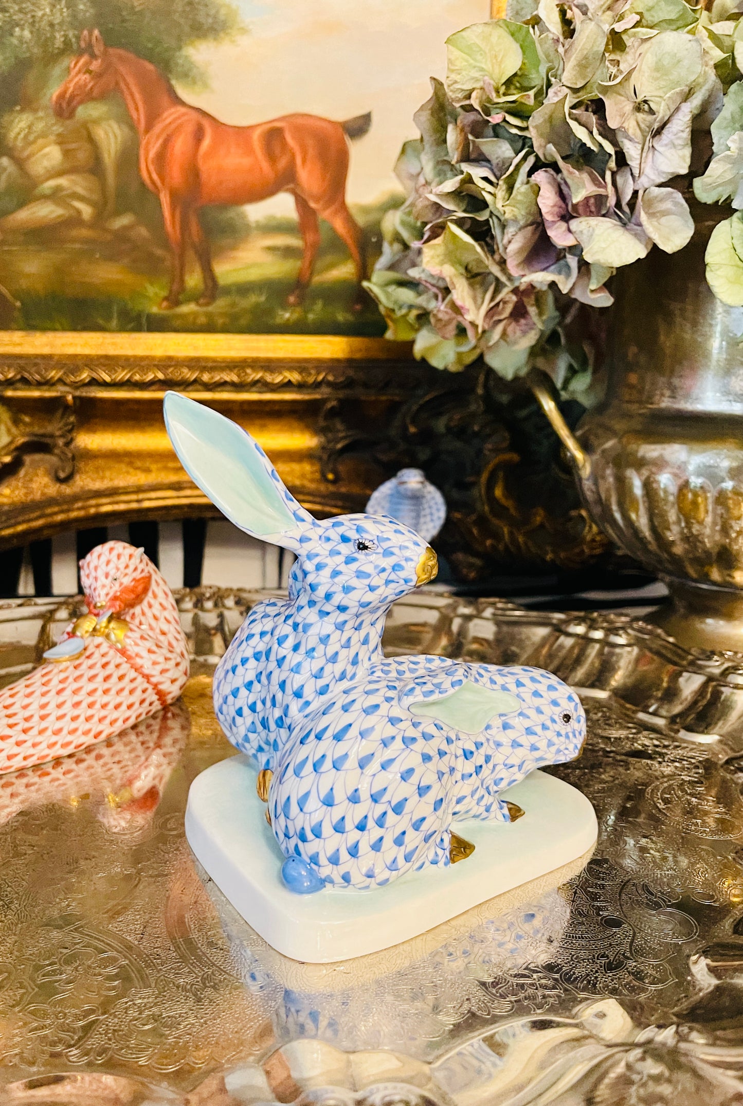 Large Herend Blue Fishnet Rabbit Pair with Ear Up, 24 kt Gold Accents