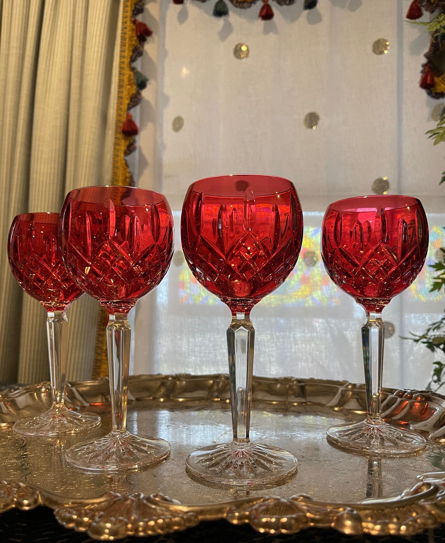 Waterford Lismore Crimson Red Hock Wine Glasses, Sold in Pairs, Pristine