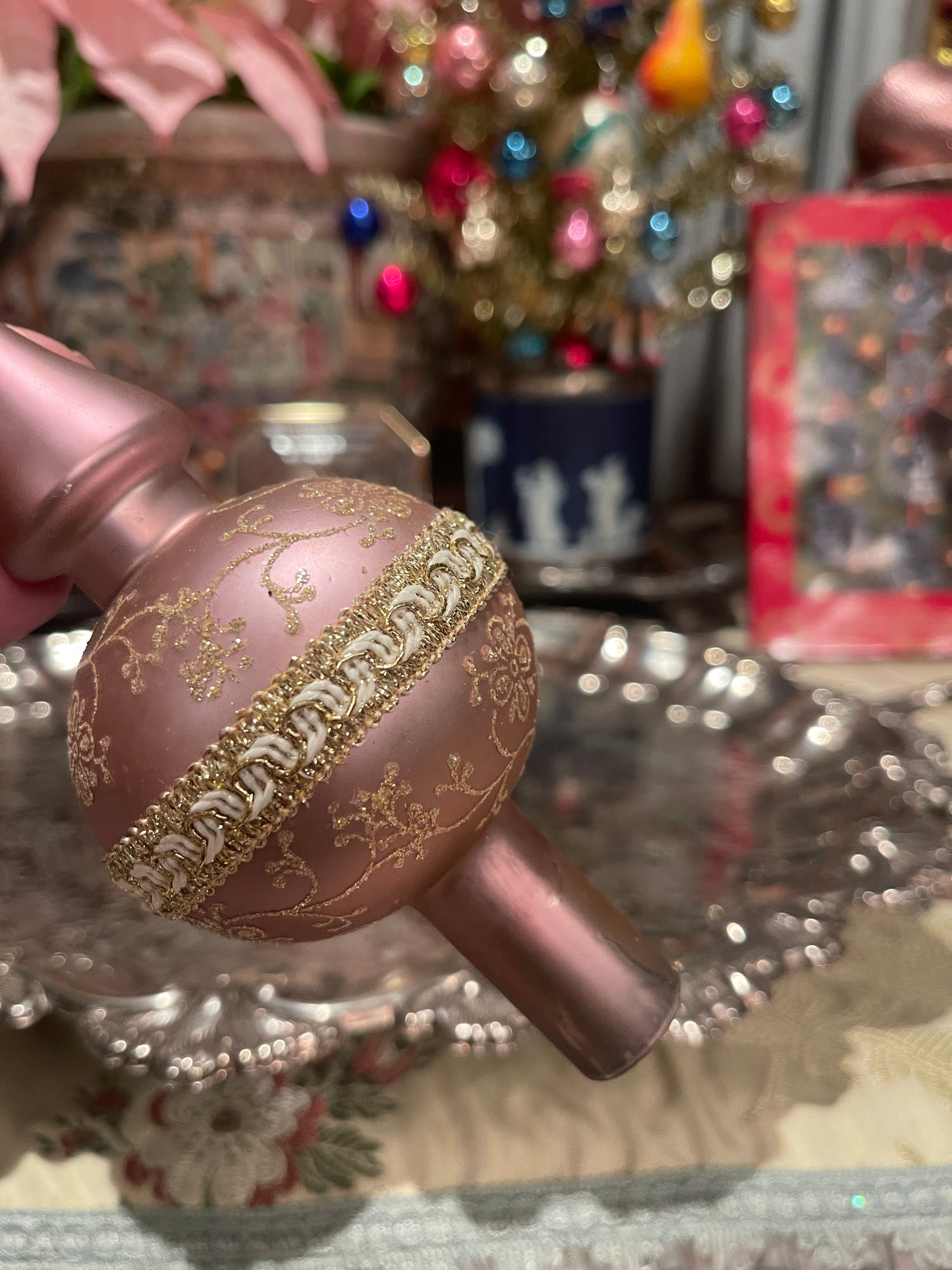 Vintage Pink-y with Gold Christmas Tree Topper, Blown Glass