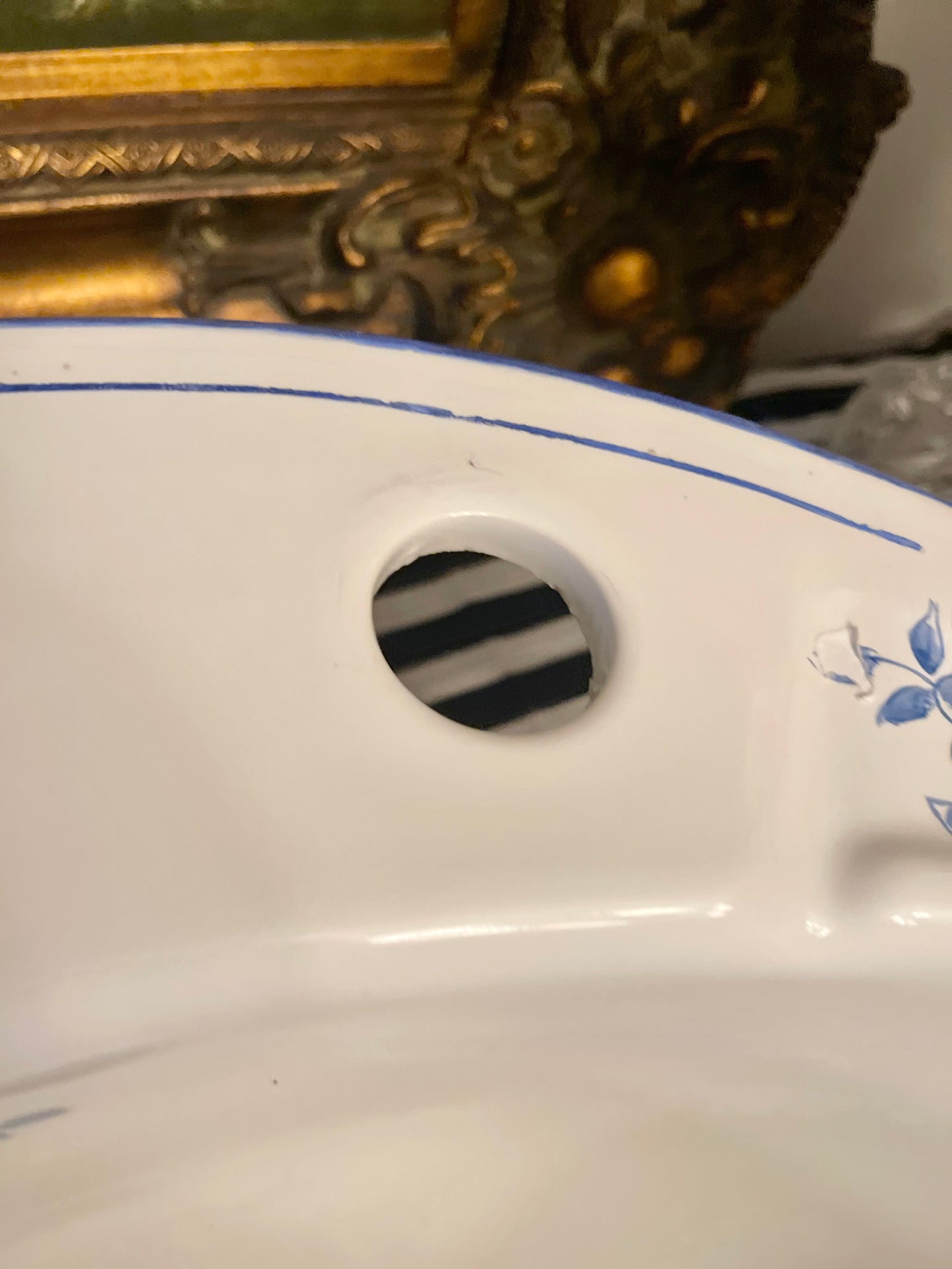 Blue and White Vintage Porcelain Vanity Sink, Hand Painted