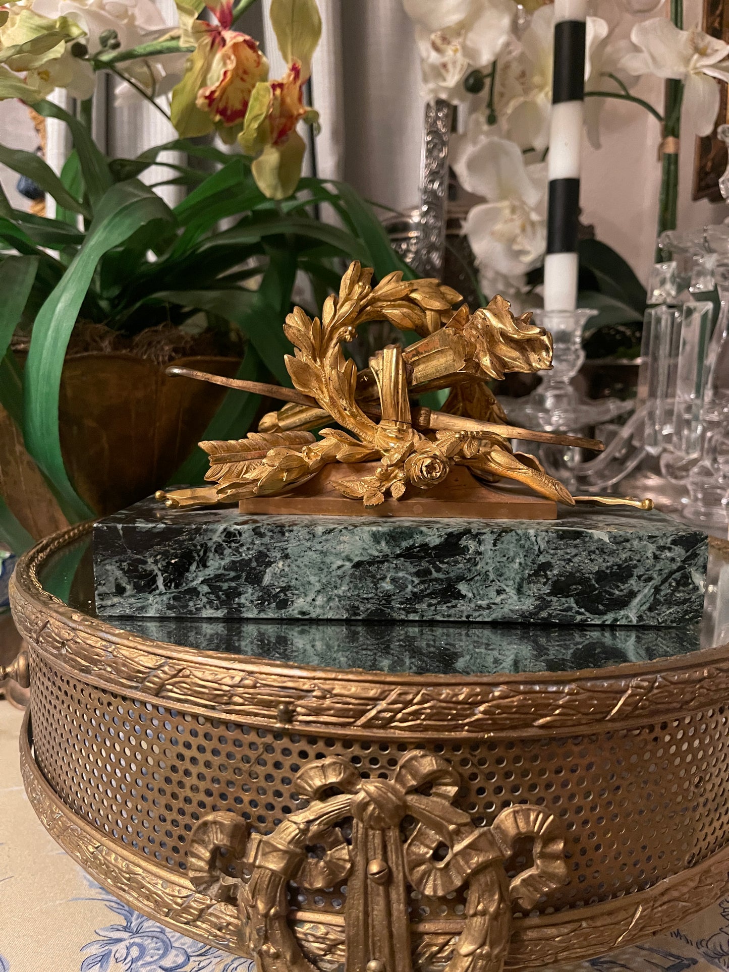Antique French Gilt Bronze Desk Ornament on Green Marble | Louis XVI Laurel Wreath with Torch