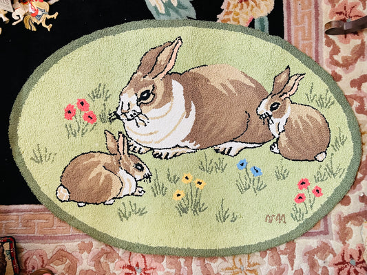 Vintage Hooked Cotton Rug – Sweet Bunny Family Scene | Oval Pastoral Accent Rug-