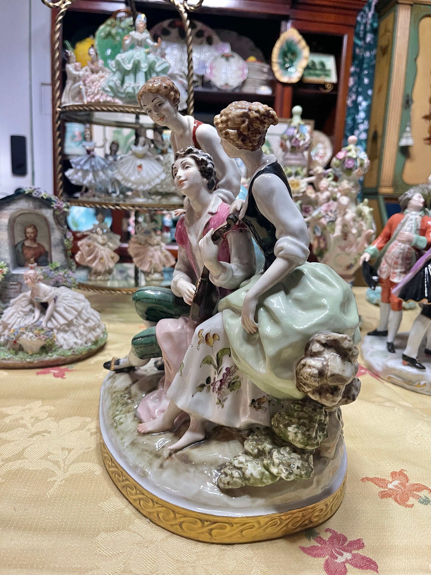 Large Vintage Spanish Porcelain Figural Centerpiece | Rococo Courting Scene with Sheep | 12” Tall