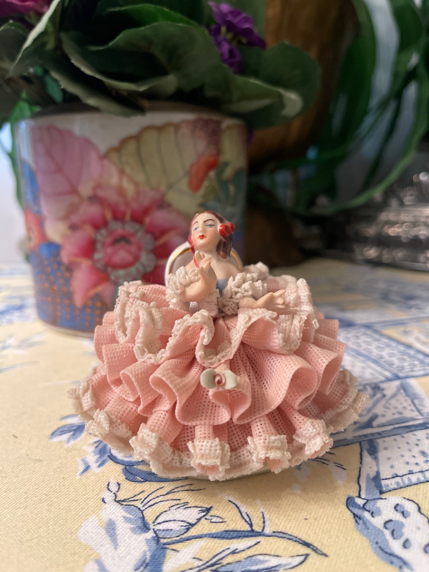 Dresden Figurine Dressed in Pink and White, Vintage Shelf Decor