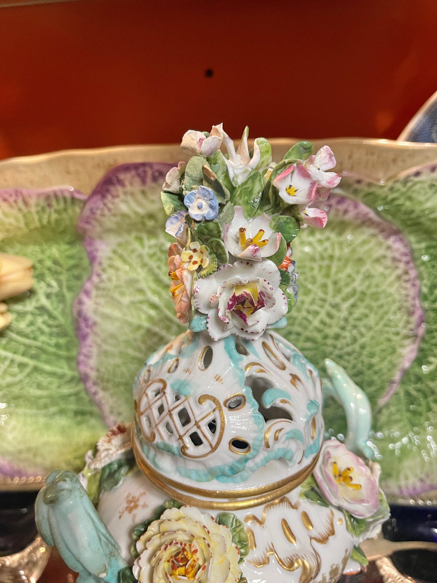 Antique Meissen Potpourri Urn with Cherubs | Bird Scene Porcelain | Floral Encrusted | 11.5”