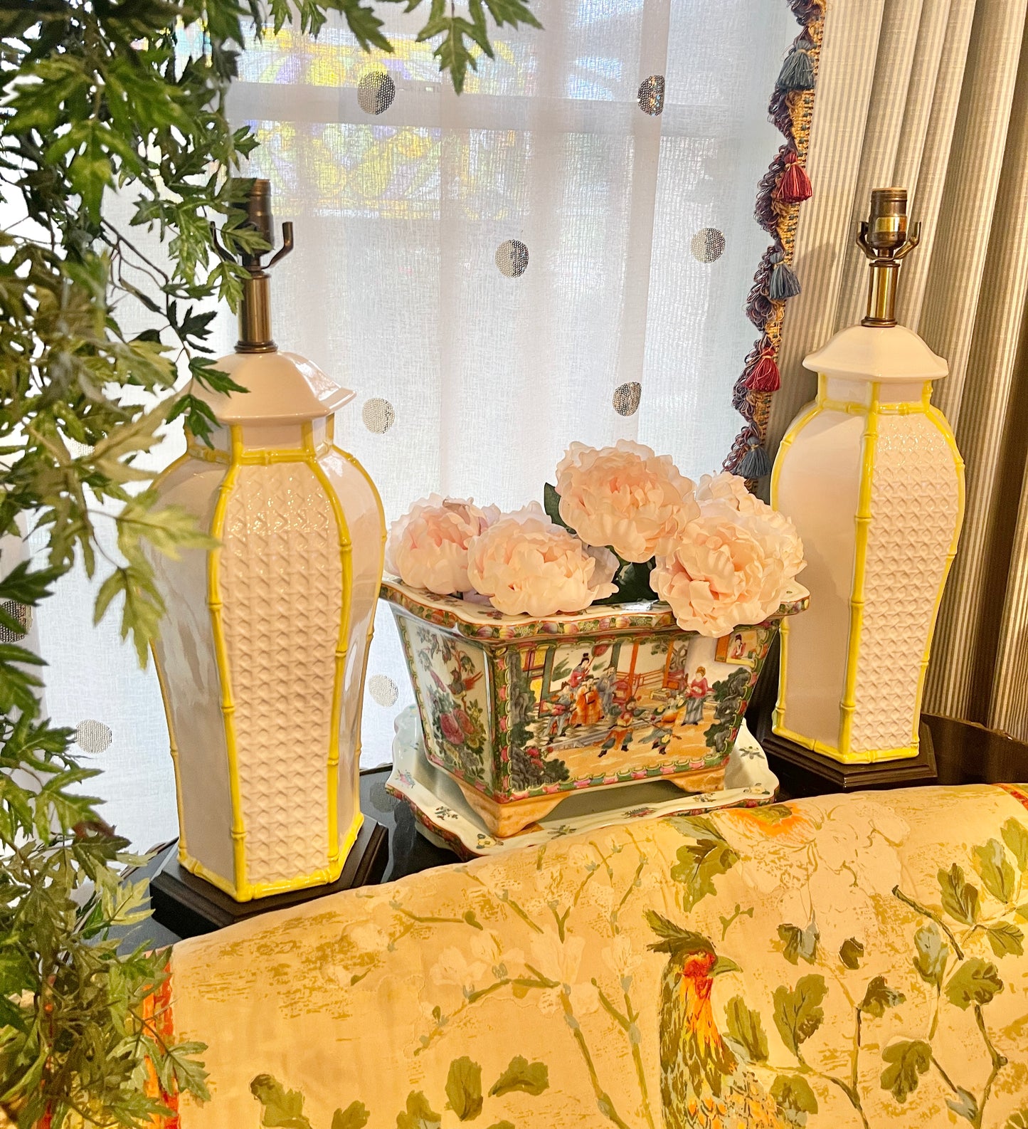 Vintage Frederick Copper Palm Beach Chic Chinoiserie Pagoda Bamboo Style Lamps, Yellow and White, Pair